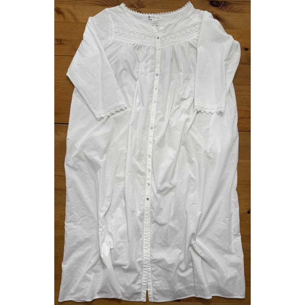 Eileen West Cotton Nightgown White Lace Heirloom Pearl Button Long Prairie XL